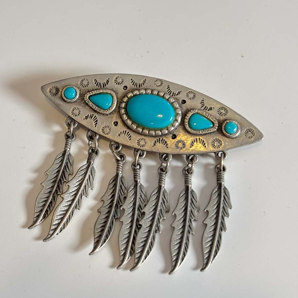 JJ Jonette Jewelry Southwestern Style Turquoise Feather Dangle Brooch Pewter Pin